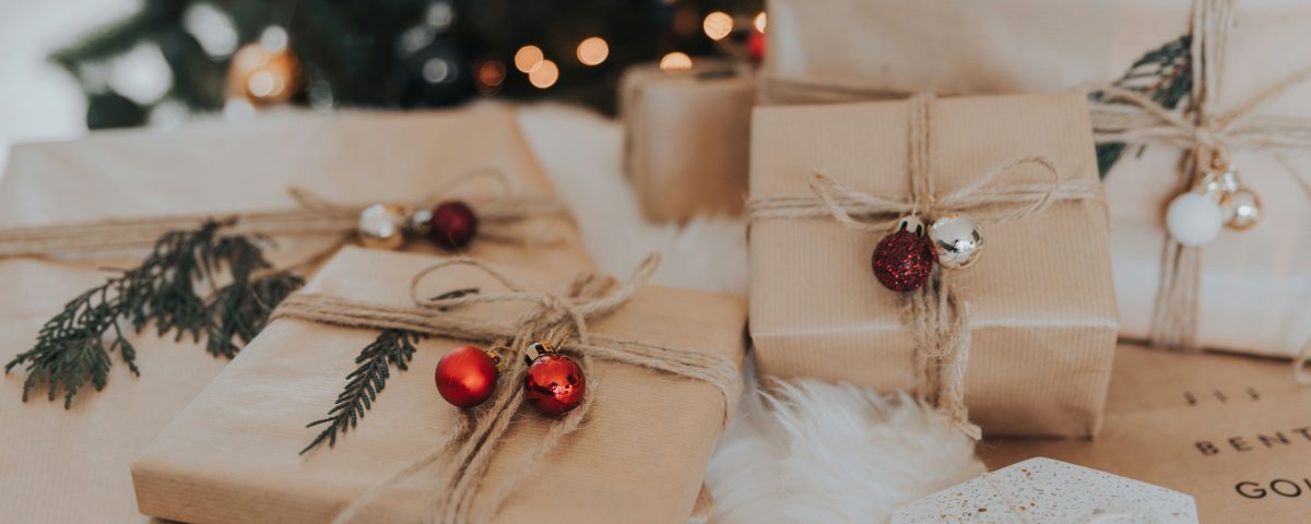Presents under a Christmas tree.