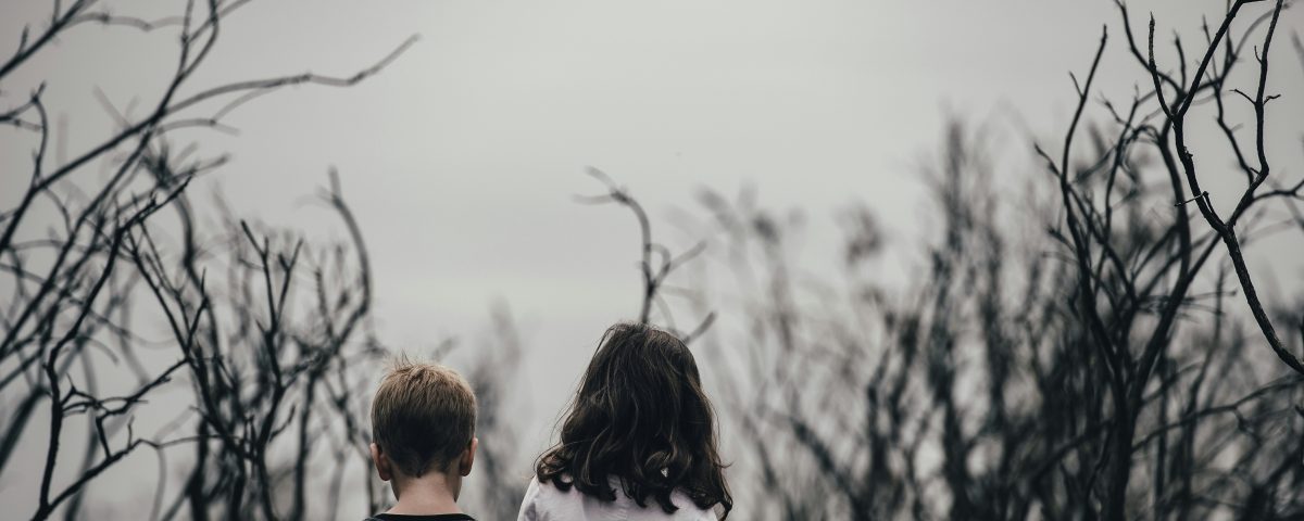 Two kids walk in a field from behind.