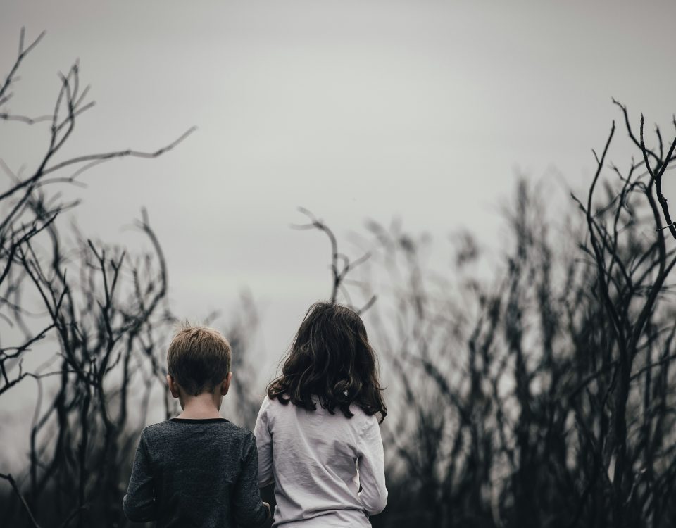 Two kids walk in a field from behind.