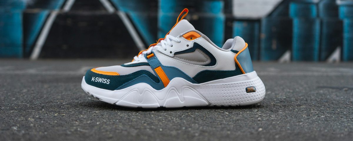 A sneaker on a city block.