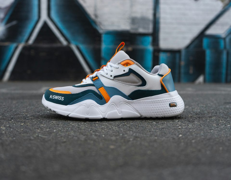 A sneaker on a city block.