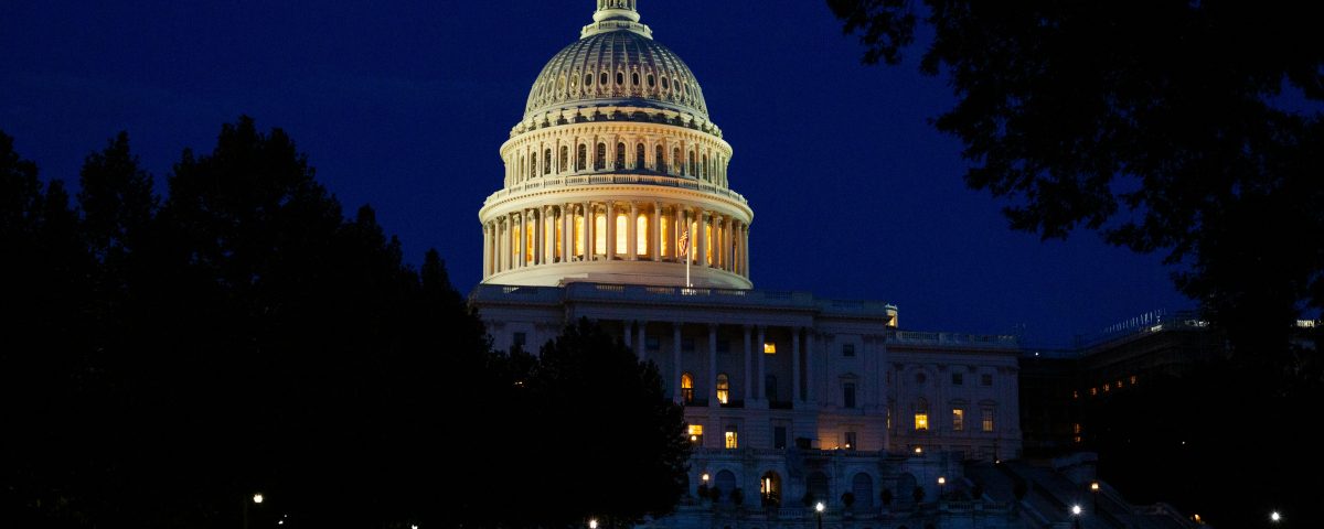 Capitol Hill lit up at night.