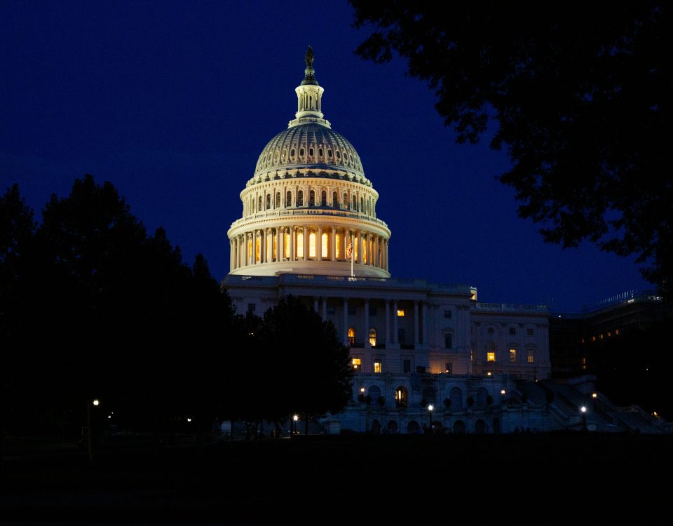Capitol Hill lit up at night.