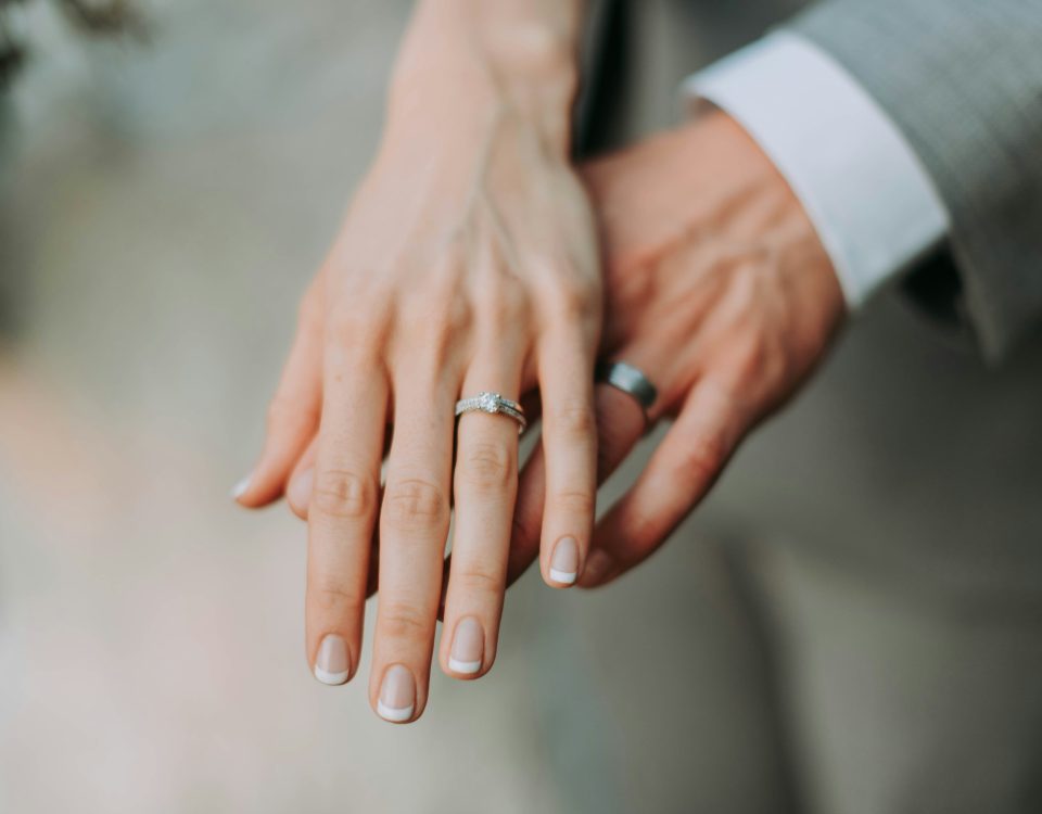 A bride and groom's hands.
